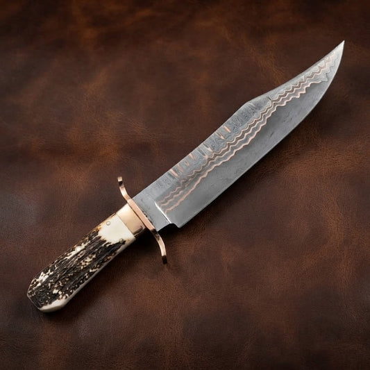 Handcrafted Copper Damascus Bowie Knife – Antler Handle with Leather Sheath
