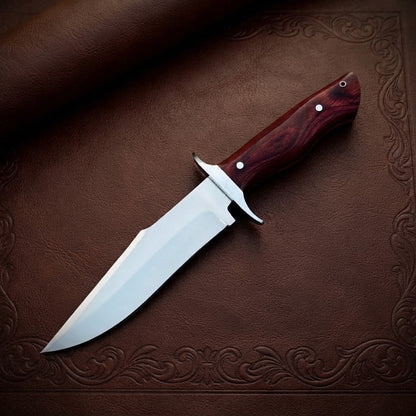 Custom Bowie Hunting Knife Pakka Wood Handle High-Polish Steel Blade & Leather Sheath