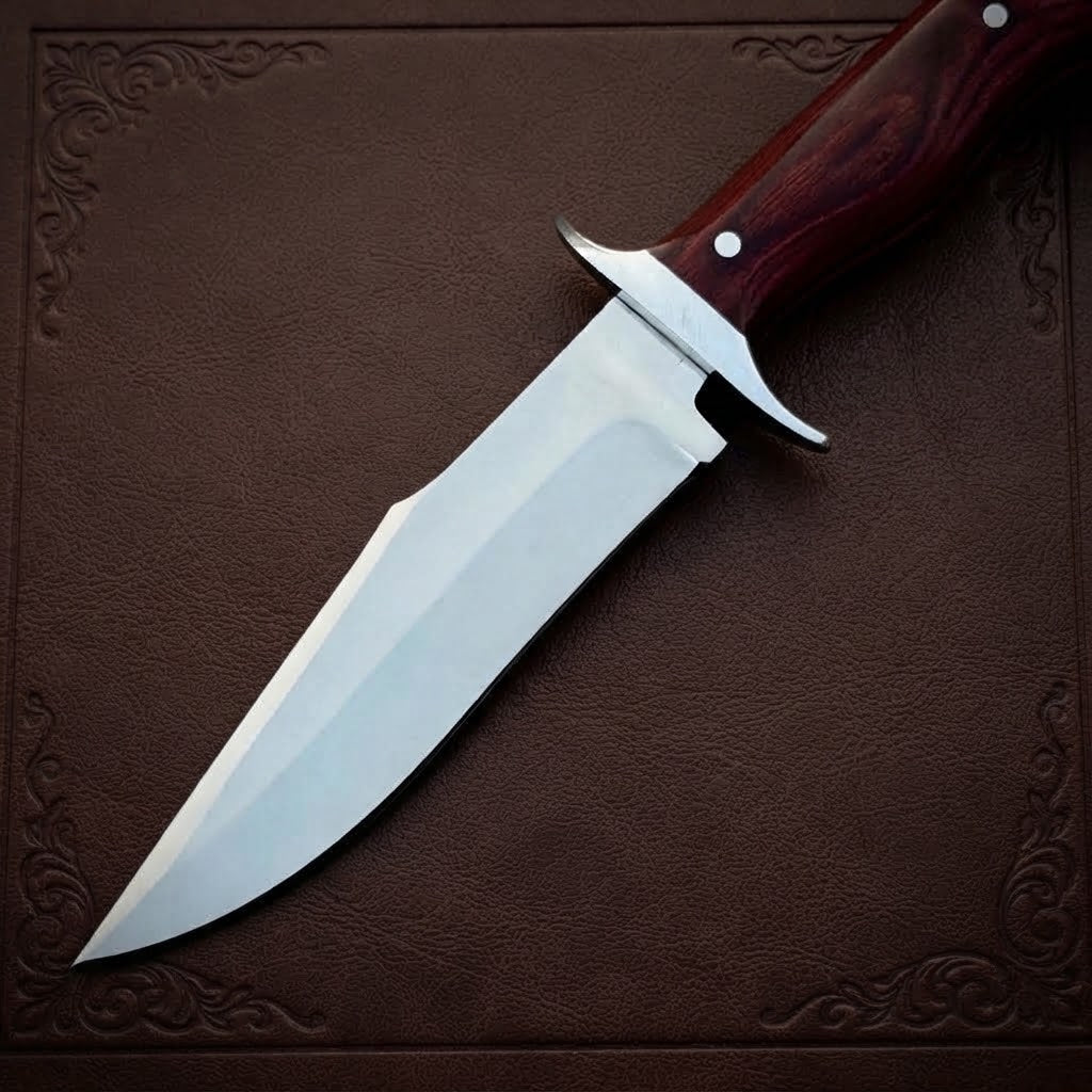 Custom Bowie Hunting Knife Pakka Wood Handle High-Polish Steel Blade & Leather Sheath