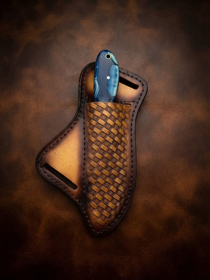 Handcrafted RaspBlade Hunting Knife with Blue Resin Handle & Leather Sheath