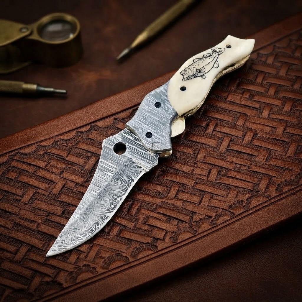 Handmade Damascus Folding Knife with Fish Bone Handle & Leather Sheath