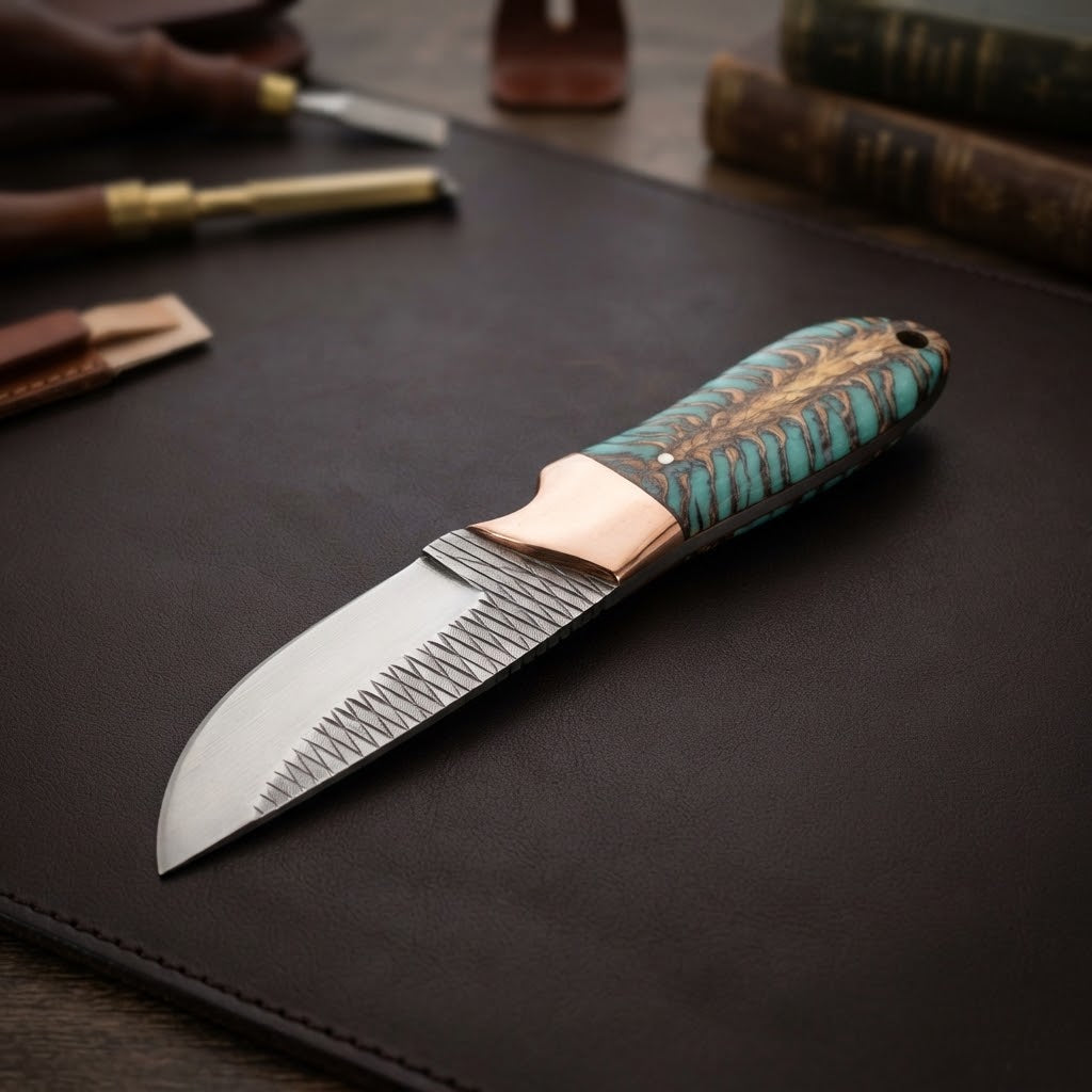 Handcrafted Custom Fixed Blade Skinner Knife Pinecone Handle Copper Bolster & Leather Sheath