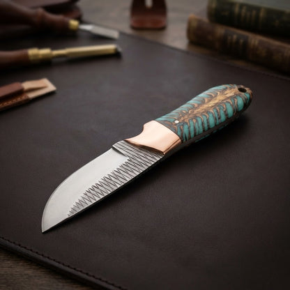 Handcrafted Custom Fixed Blade Skinner Knife Pinecone Handle Copper Bolster & Leather Sheath