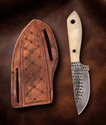 Handcrafted Cowboy Knife with Bone Handle & Leather Sheath