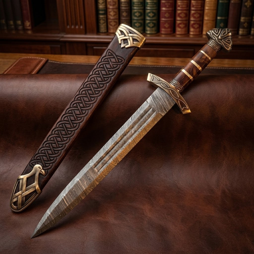 Custom Handcrafted Damascus Steel Viking Sword – Medieval Celtic Dagger with Pewter and Wood Handle