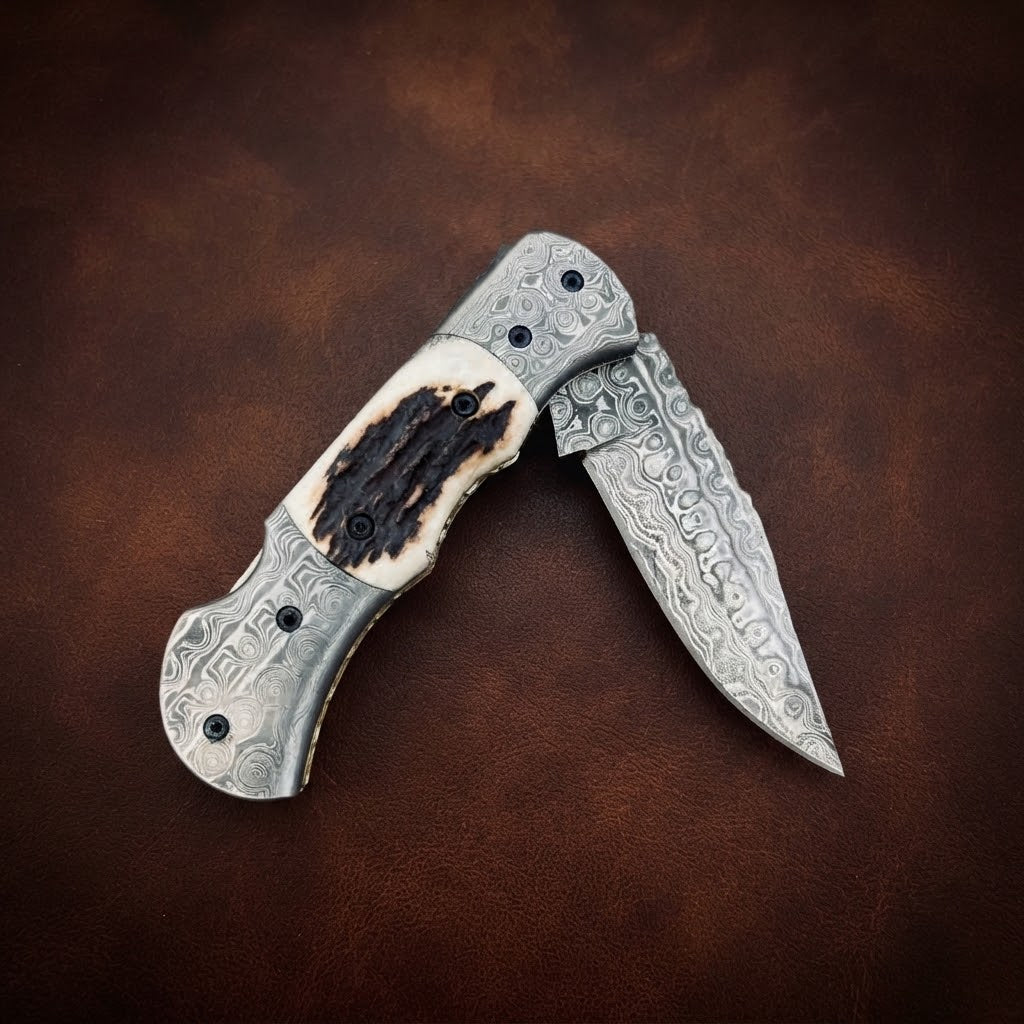 Handcrafted Custom Damascus Folding Knife – Raindrop Pattern Blade & Antler Bone Handle EDC