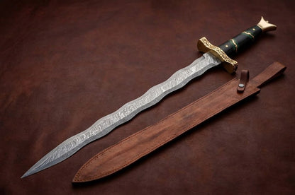 Handcrafted Damascus Viking Sword with Micarta Handle & Brass Guard with Leather Sheath
