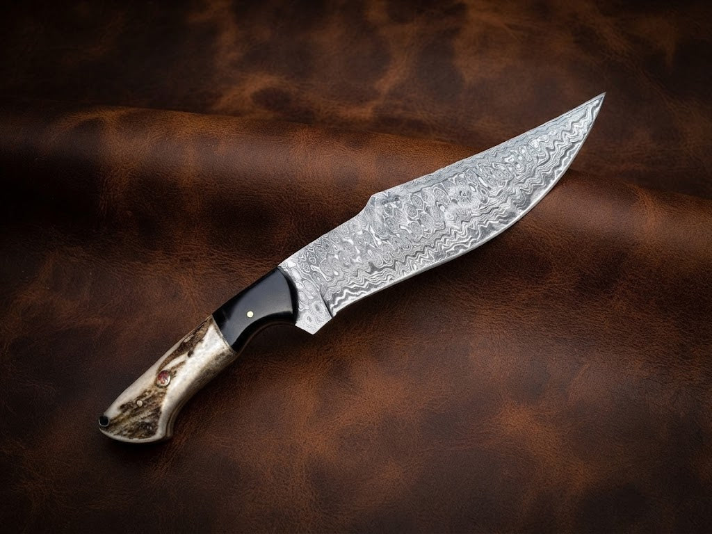 Handcrafted Custom Damascus Bowie Knife with Antler & Resin Handle and Leather Sheath