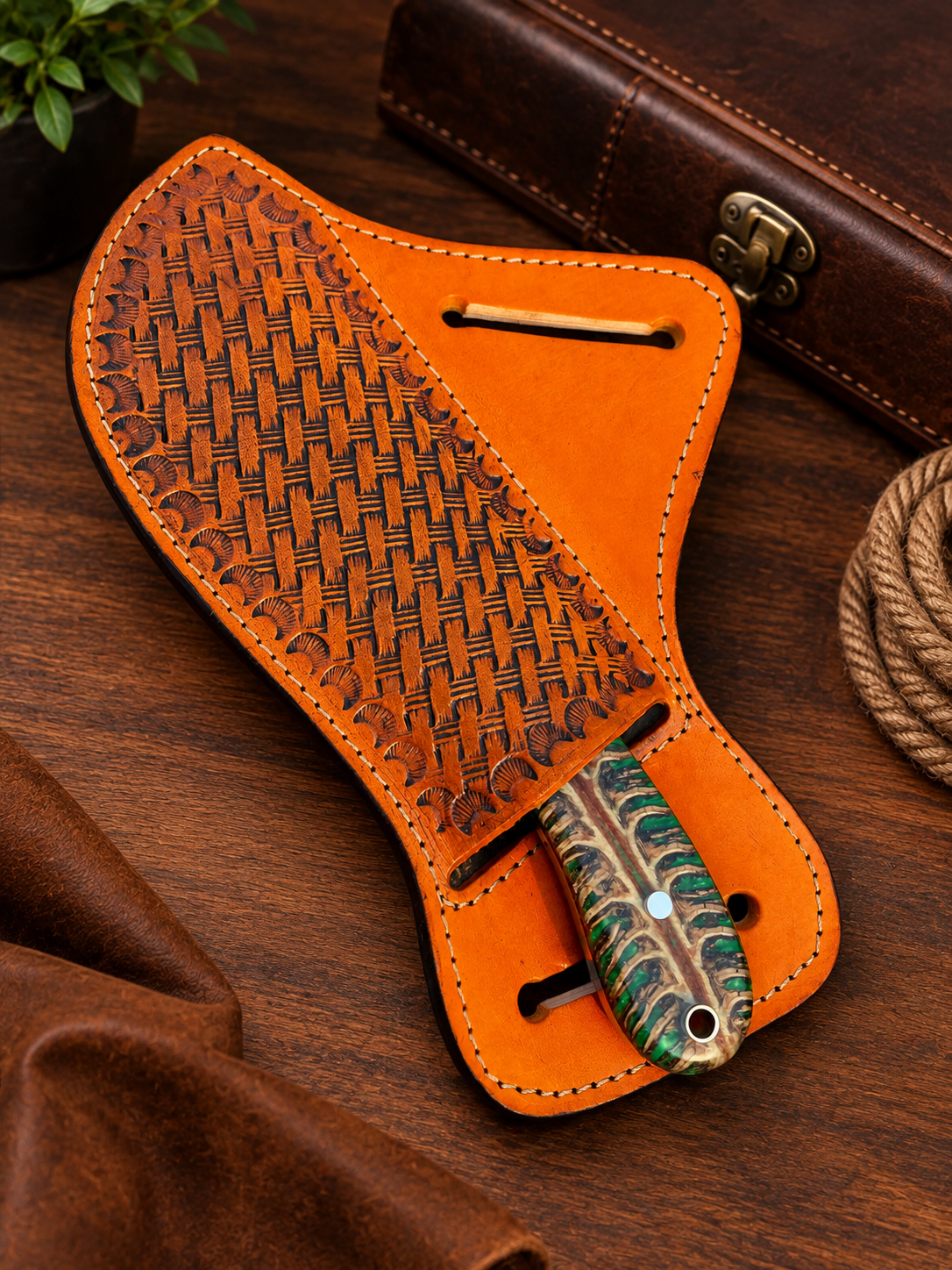 Handmade Damascus Steel Cowboy Knife Pinecone Handle Pancake Leather Sheath
