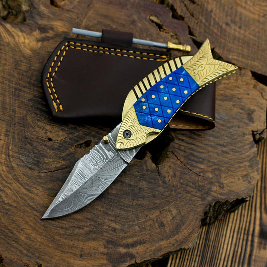 Blue & Gold Damascus Folding Knife – Ornate Pocket Knife with Decorative Handle