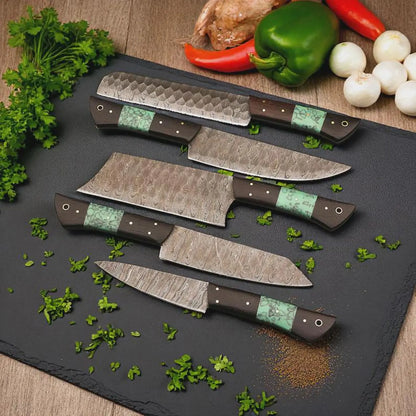 Damascus Steel Chef Knife Set 5 Pcs with Wooden handle