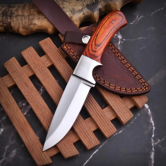 Wooden Handle Fixed Blade Knife with Leather Sheath – Outdoor & Hunting Knife
