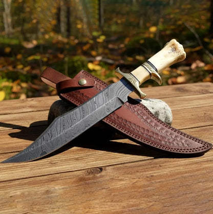 Handcrafted Damascus Steel Bowie Knife with Bone & Horn Handle