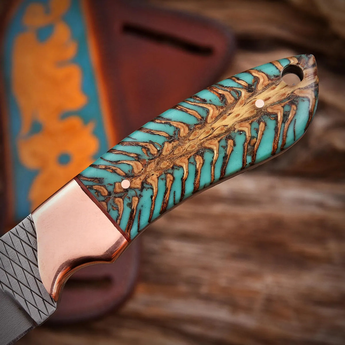 Handcrafted Custom Fixed Blade Skinner Knife Pinecone Handle Copper Bolster & Leather Sheath