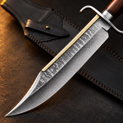 Handcrafted Damascus Steel Bowie Knife with Walnut Wood Handle & Leather Sheath