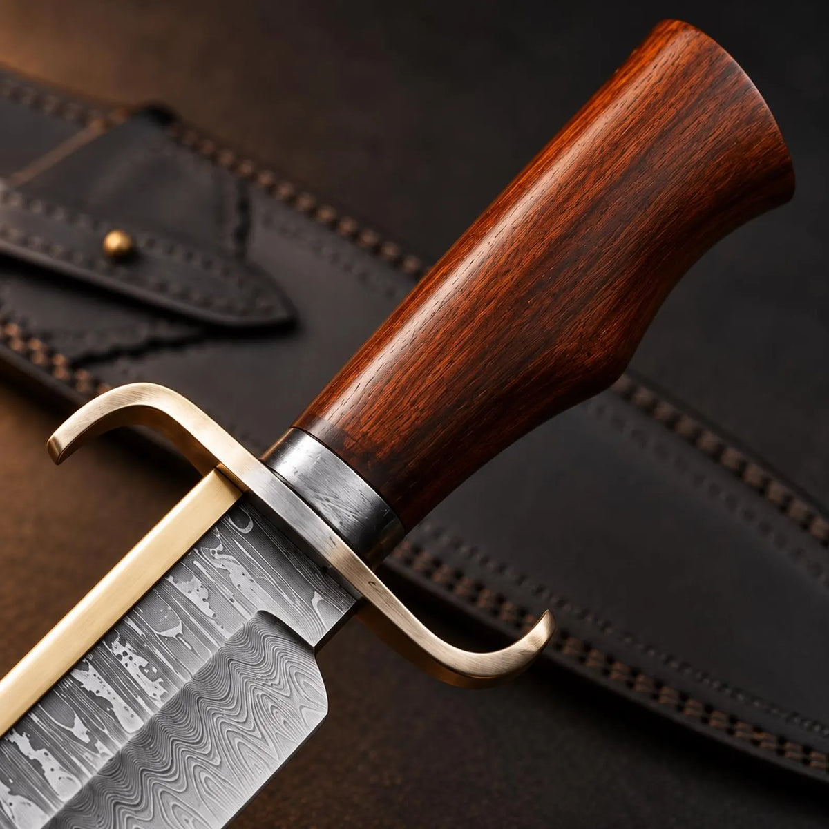 Handcrafted Damascus Steel Bowie Knife with Walnut Wood Handle & Leather Sheath