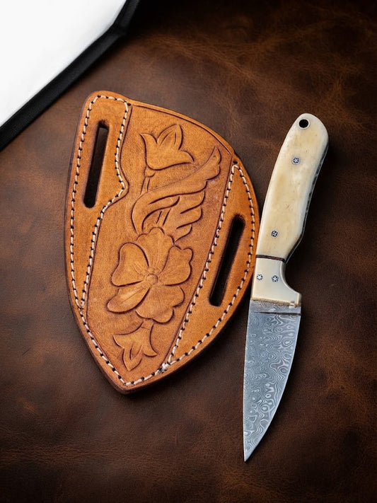 Handcrafted Custom Damascus Cowboy Knife – Raindrop Pattern Blade & Bone Handle