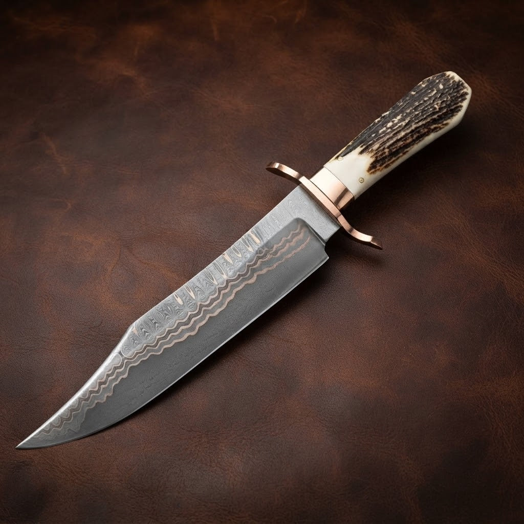 Handcrafted Copper Damascus Bowie Knife – Antler Handle with Leather Sheath