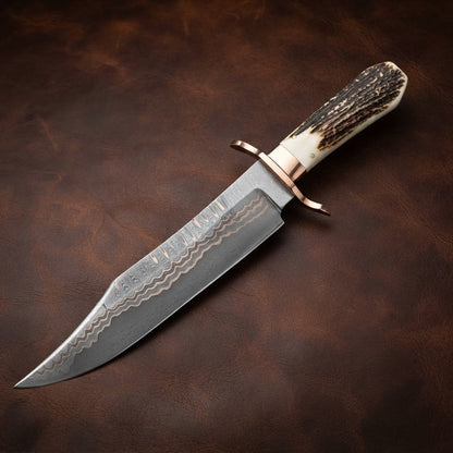 Handcrafted Copper Damascus Bowie Knife – Antler Handle with Leather Sheath