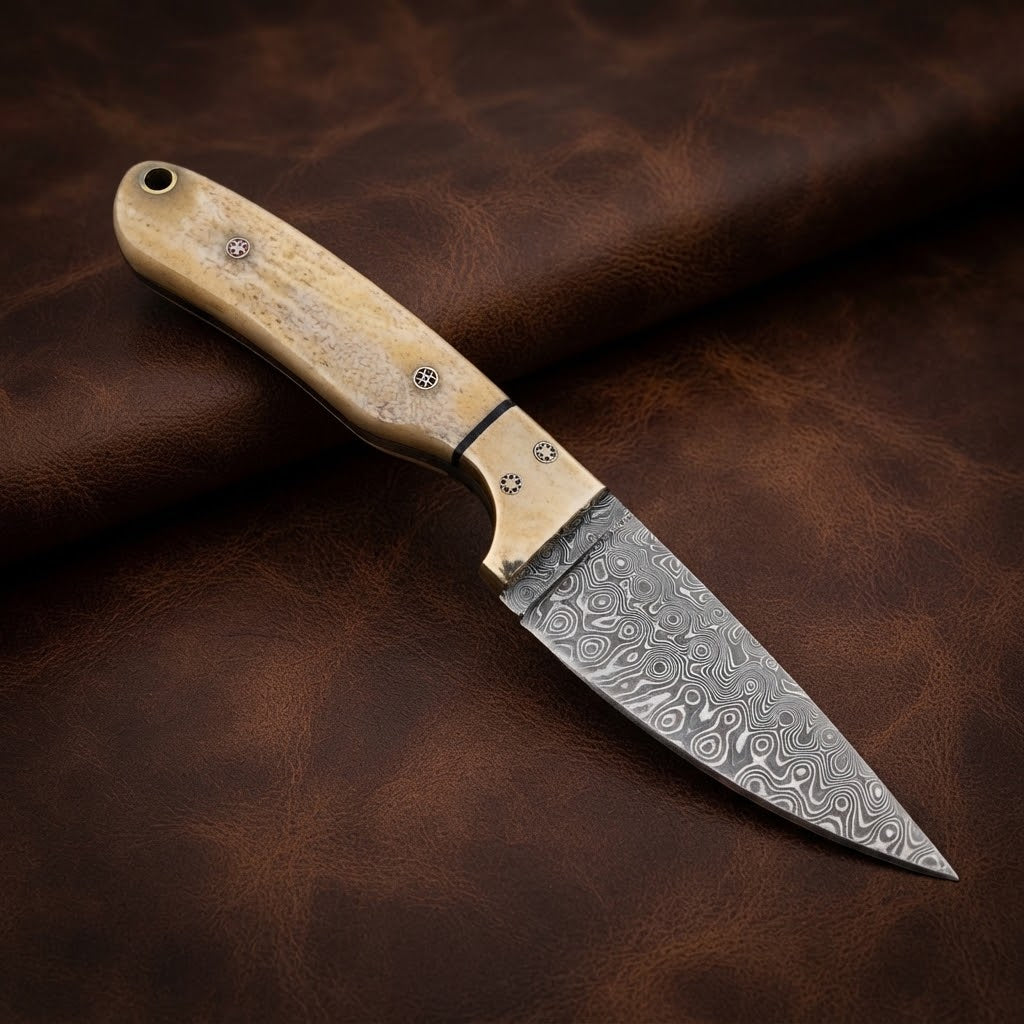 Handcrafted Custom Damascus Cowboy Knife – Raindrop Pattern Blade & Bone Handle