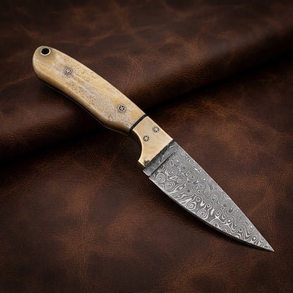 Handcrafted Custom Damascus Cowboy Knife – Raindrop Pattern Blade & Bone Handle