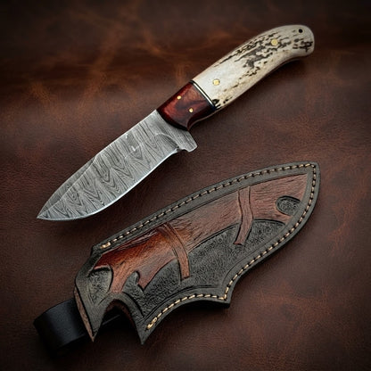 Handcrafted Damascus Steel Hunting Knife with Antler Handle & Leather Sheath