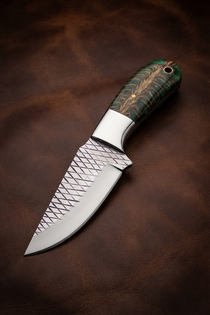 Custom Handmade Cowboy Hunting Knife with Green Pinecone Handle & Rasp Blade