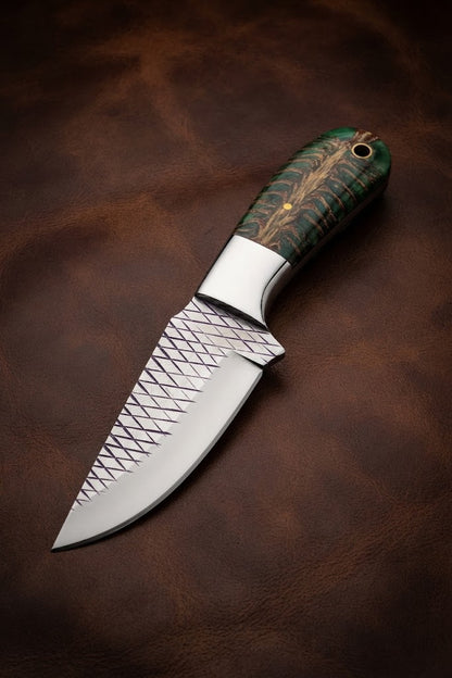 Custom Handmade Cowboy Hunting Knife with Green Pinecone Handle & Rasp Blade