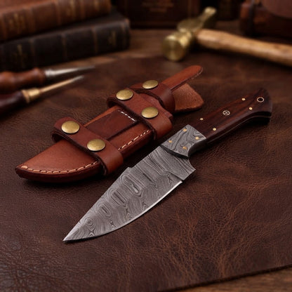 Custom Damascus Fixed Blade Hunting Knife Rosewood Handle Leather Sheath